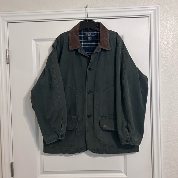 Polo Ralph Lauren Hunting Chore Coat Men’s L Green Plaid Lined Corduroy Collar - Picture 1 of 15